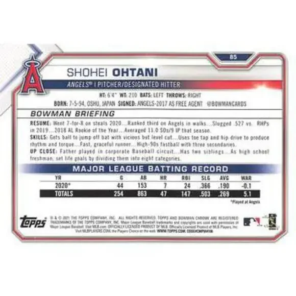 2021 Bowman #85 Pink Shohei Ohtani Angels 108/299
